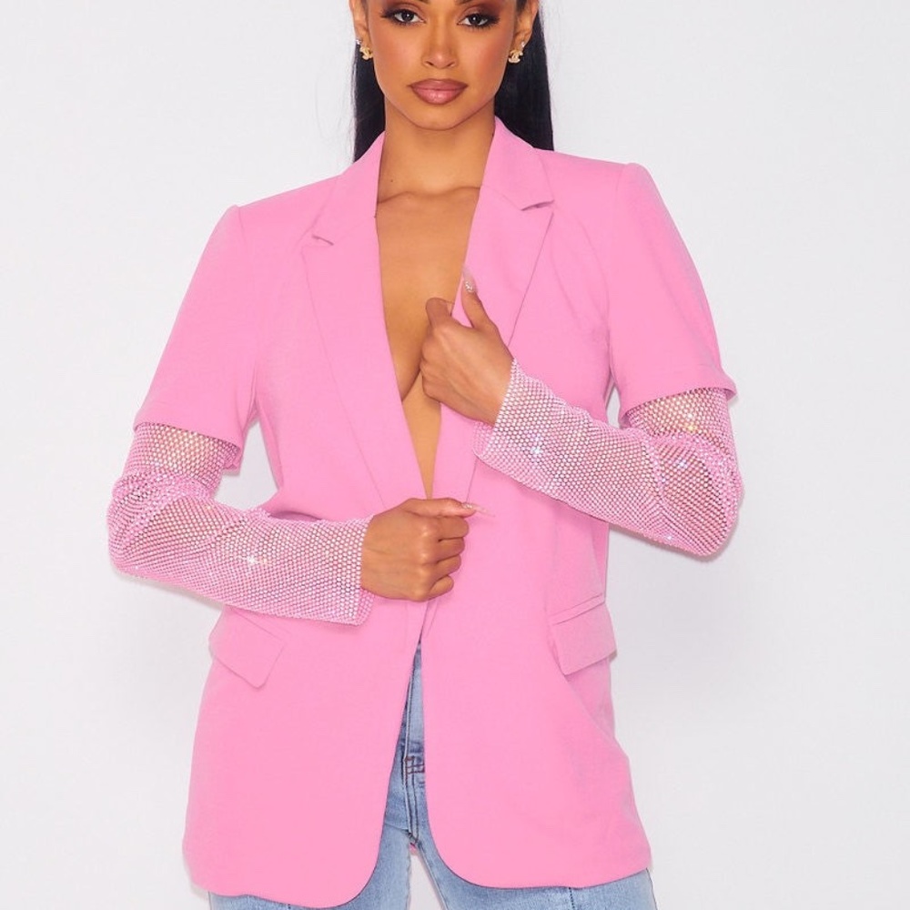 Lana Rhinestone Mesh Sleeve Blazer